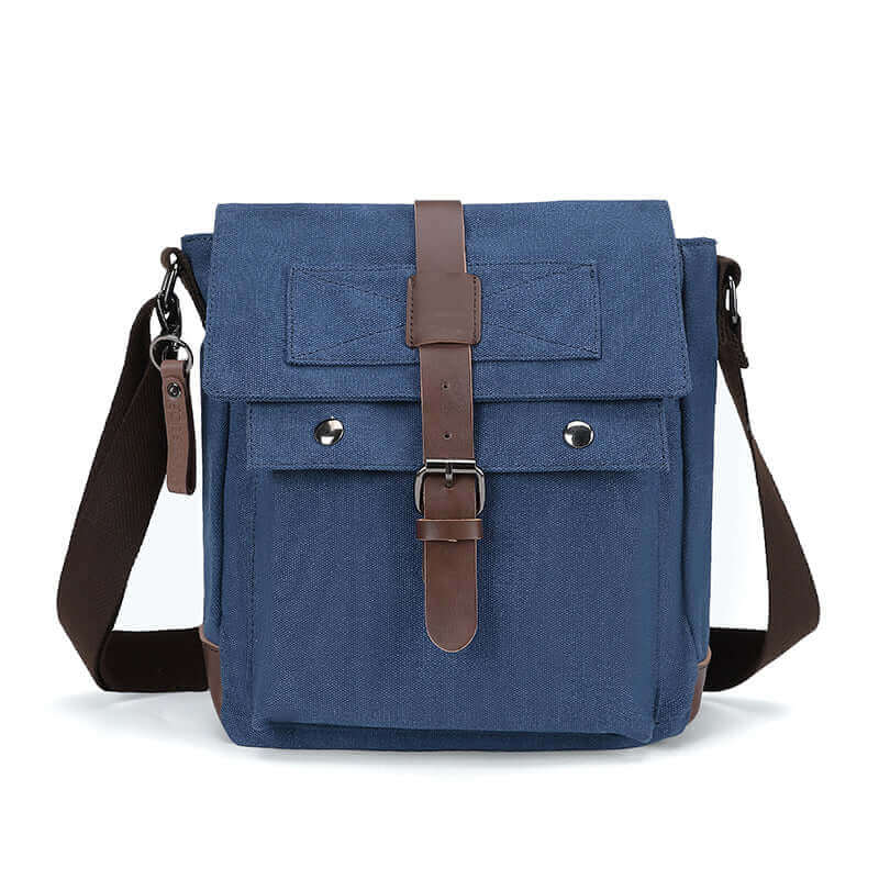 Blue canvas shoulder crossbody bag with PU leather straps, perfect for men, offers both style and practicality.