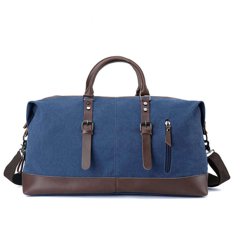 Close-up view of the handle detail on the canvas duffle bag, suitable for both men and women.