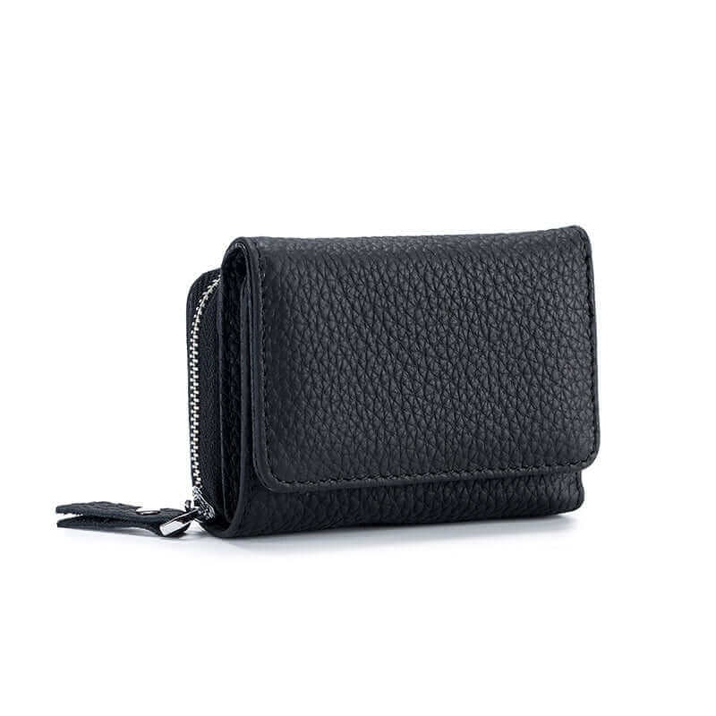 Minimalist RFID leather wallet for women with zippered coin compartment.