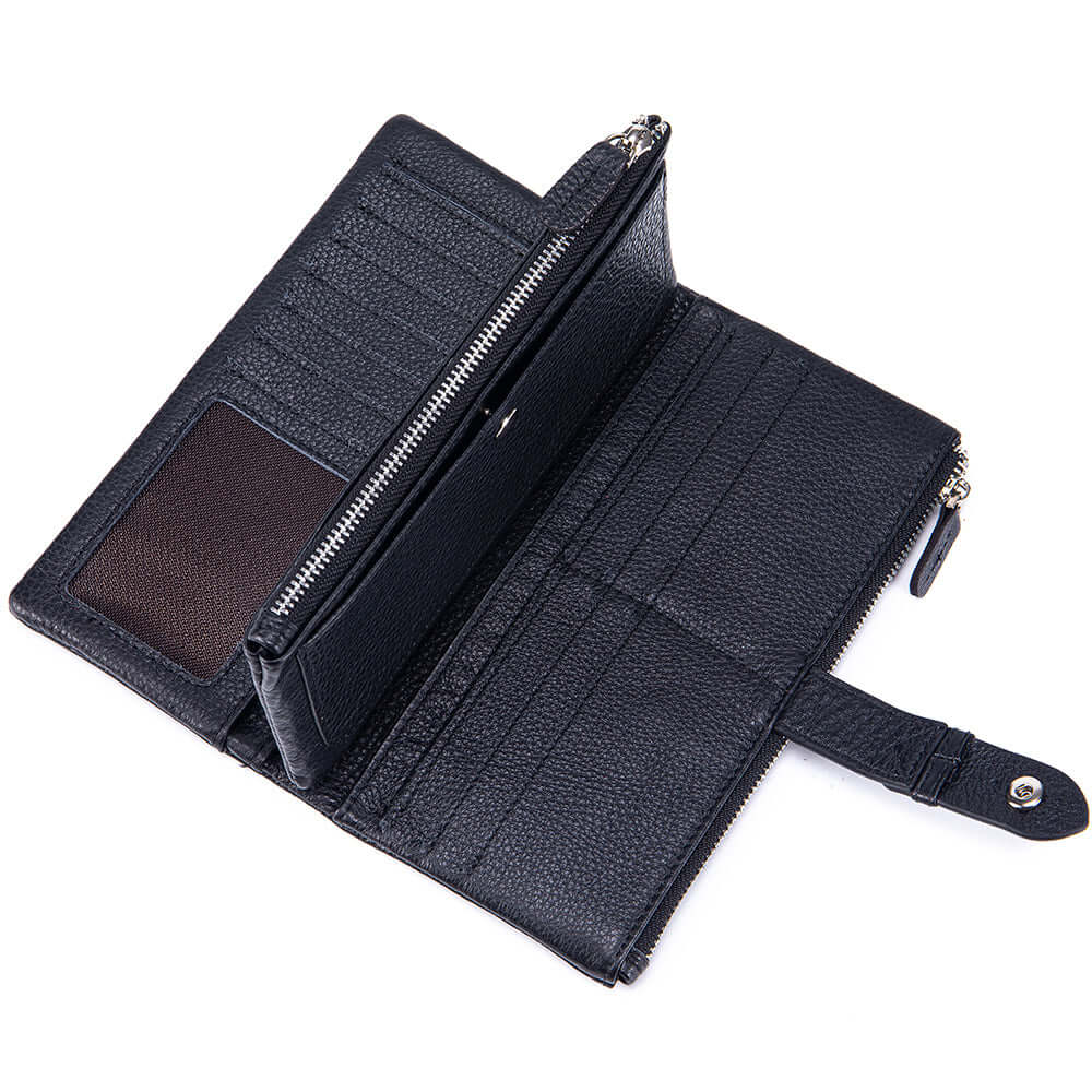 Open black leather wallet with multiple compartments