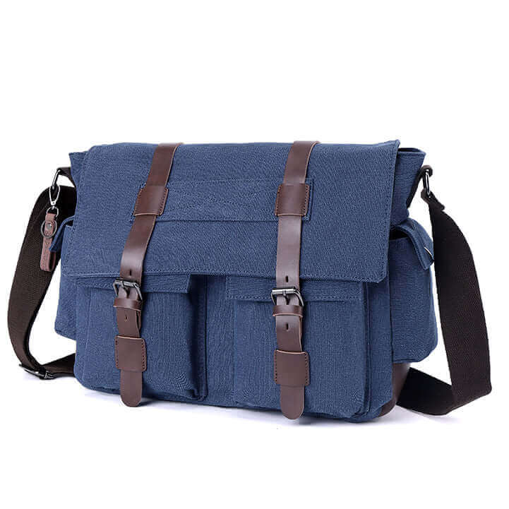 Lifestyle image of the stylish canvas messenger bag being used for daily commuting and travel.