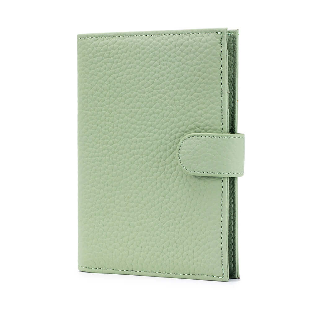 Green RFID genuine leather passport wallet.