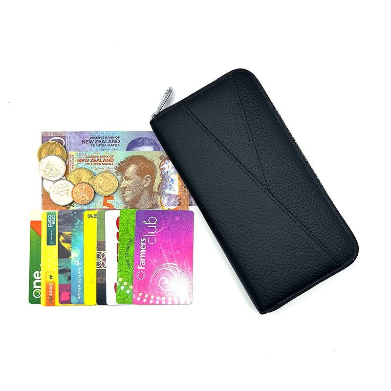 Black RFID blocking leather wallet with spacious storage and sleek design.