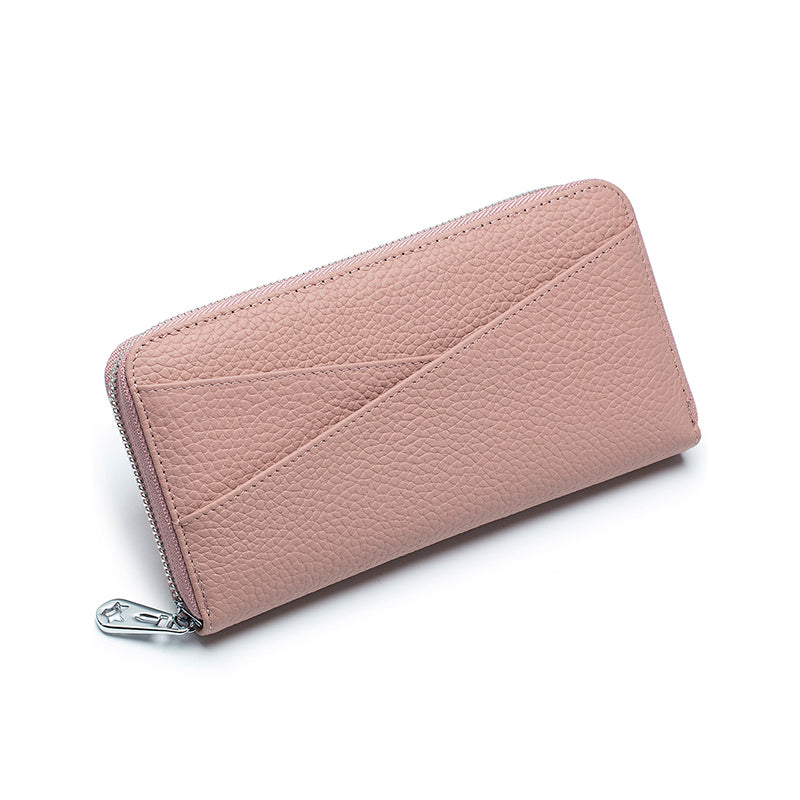 Pink RFID genuine leather long wallet for women with multiple compartments.