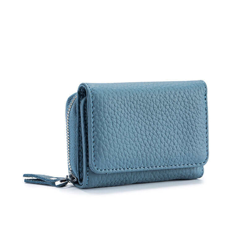 Blue genuine leather RFID mini wallet with zippered coin compartment.