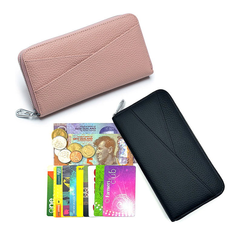 RFID leather long wallet featuring card holder slots and zippered compartment.