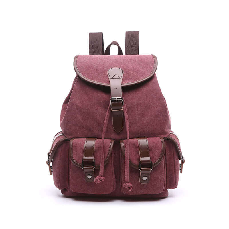 Red vintage canvas backpack featuring washed canvas and PU leather.