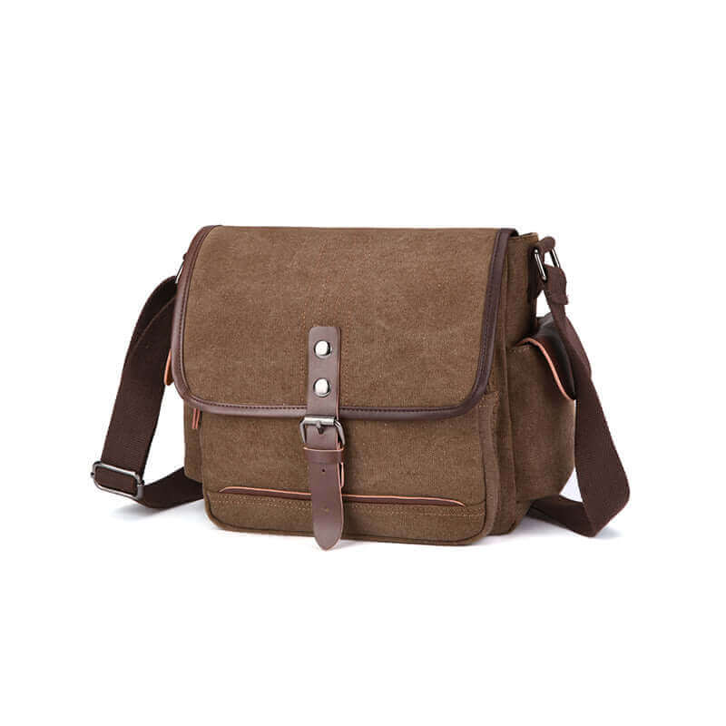 Unisex canvas messenger bag with PU leather accents.