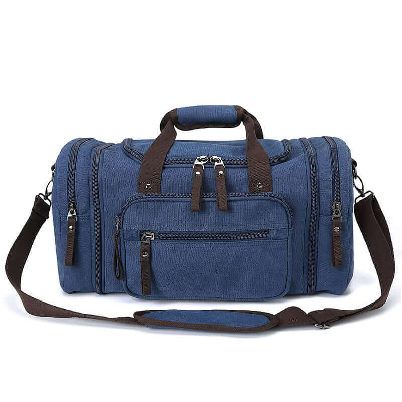 Canvas travel duffle bag with an adjustable shoulder strap for comfortable carrying.