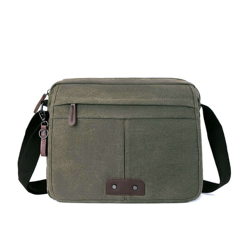 Front view of men's canvas shoulder crossbody messenger bag that fits 13.3 inch laptop, made with high-quality washed canvas.