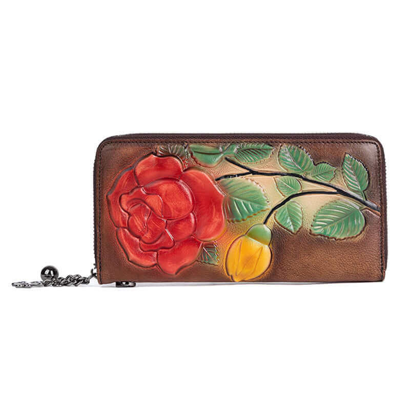 Embossed leather wallet with floral design.