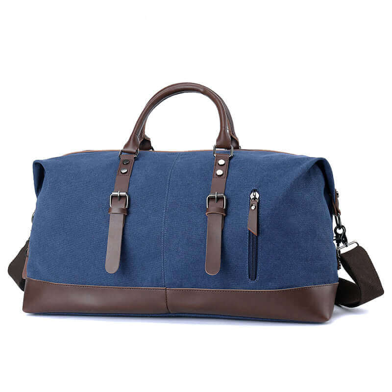 Image of the canvas weekend bag packed and ready for travel, showcasing its large capacity.