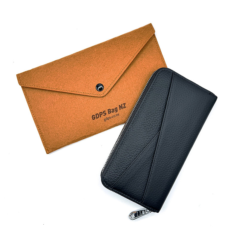 Women's RFID leather purse with card slots, money slots, and mobile phone slot.