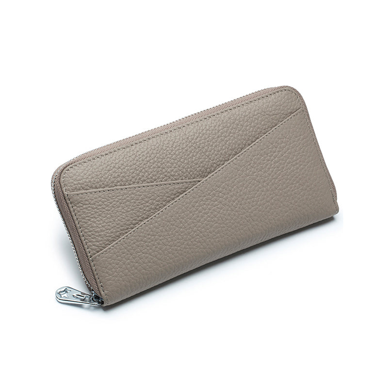 Women’s RFID leather purse in grey, designed with multiple slots and a slim profile.