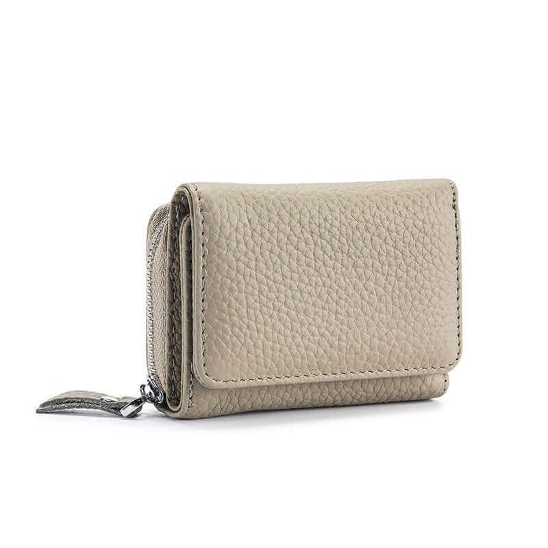 Zippered RFID leather wallet for women with secure compartments.