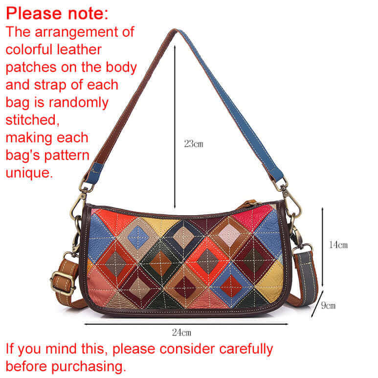 Adjustable leather strap on colorful patchwork bag for women