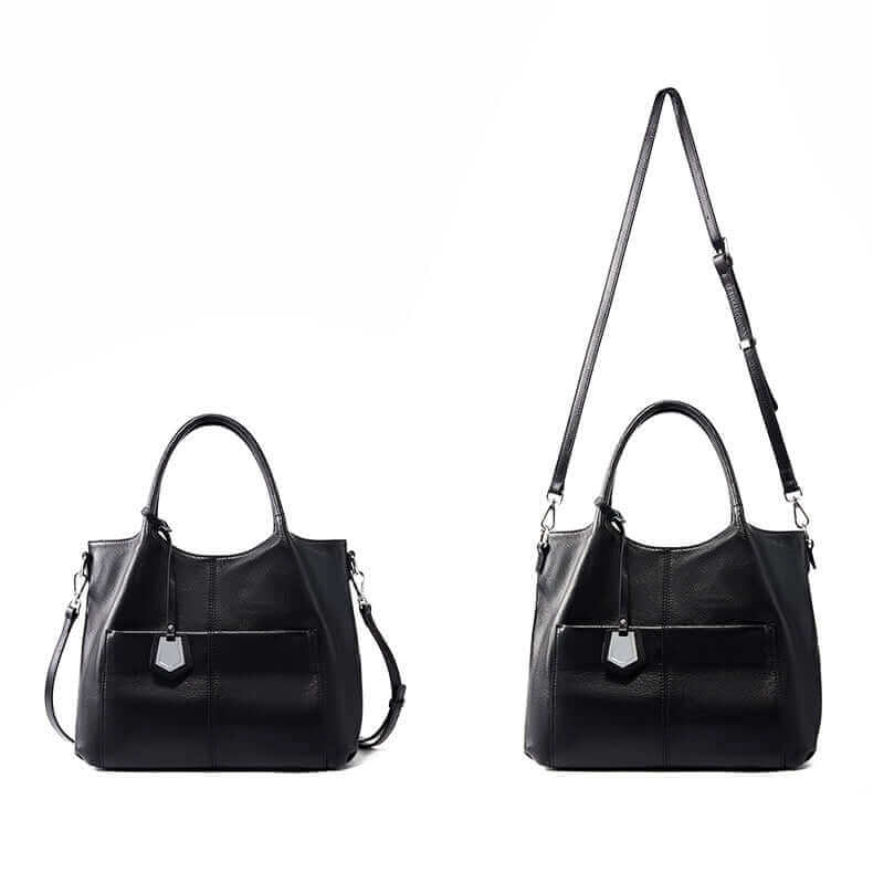 Adjustable strap shown on leather handbag, wearable as a crossbody.