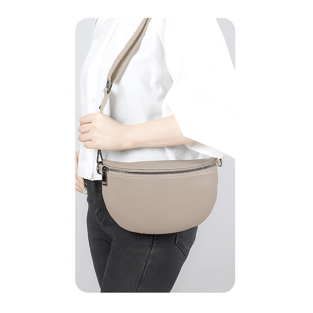 Multi-functional leather waist bag for women in beige.