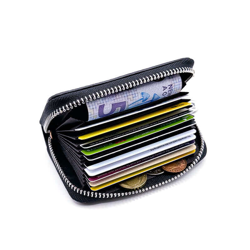 Best-selling RFID leather card holder in various colors, featuring secure storage for 12 cards.