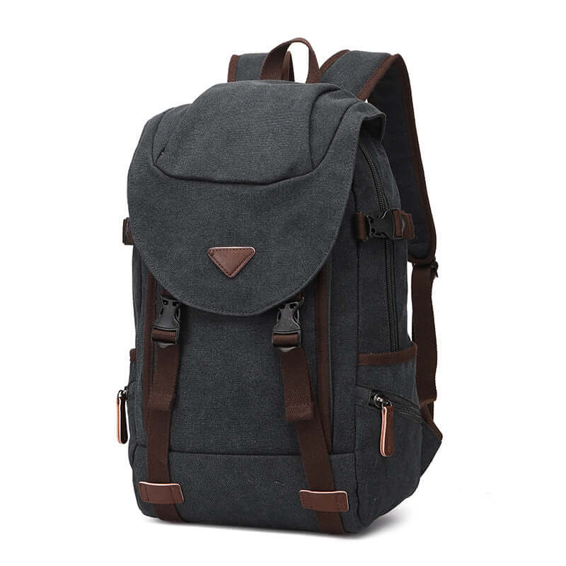 Black canvas backpack front view with laptop compartment