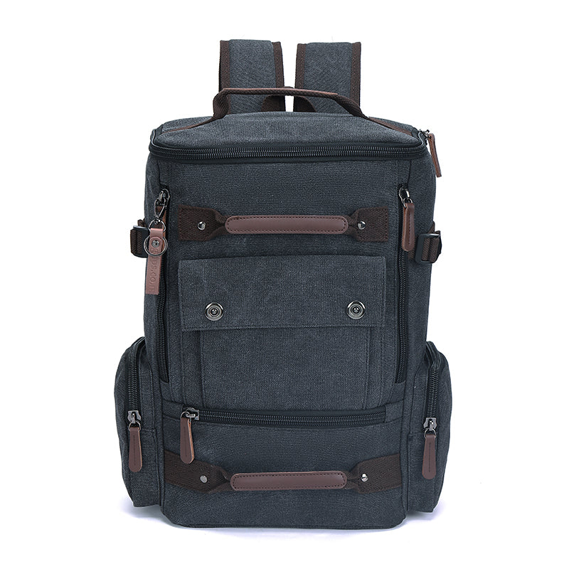 Black canvas laptop backpack for men, combining style and functionality.