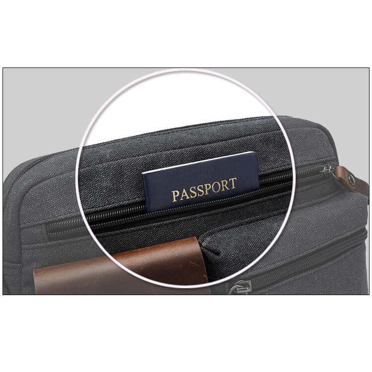 Zipper partial details of the black canvas crossbody bag.