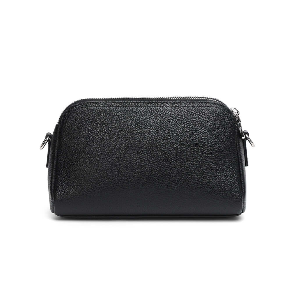 Back view of black genuine leather crossbody bag.
