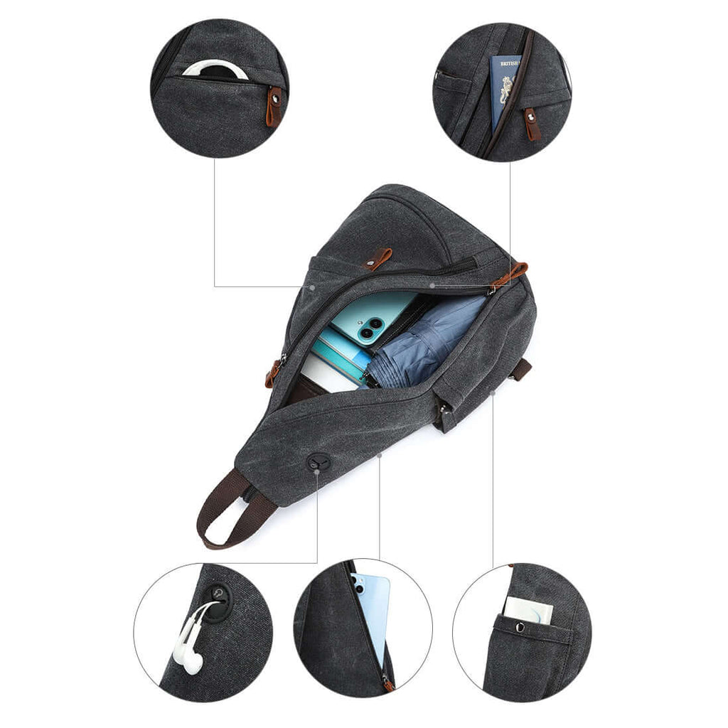 Black crossbody bag with multiple compartments and zippers