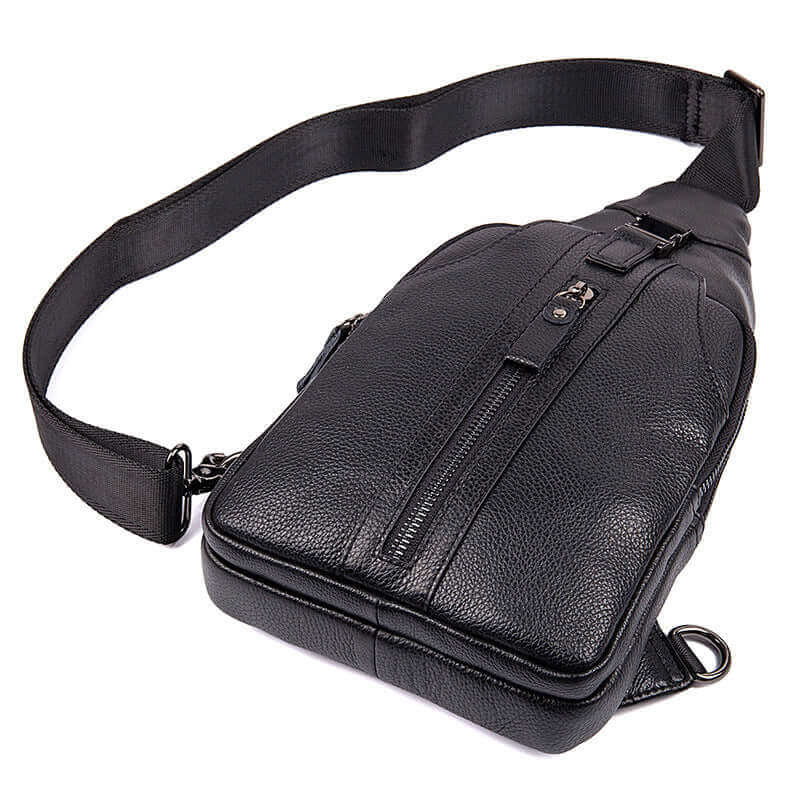 Detailed display of genuine leather crossbody sling bag.