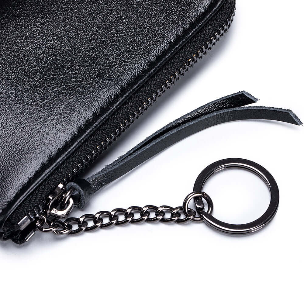 Black leather wallet with a keychain attached
