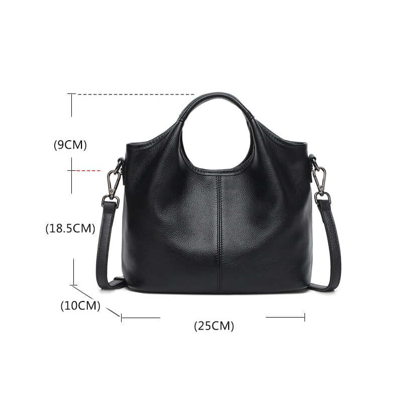 Black handbag with measurements