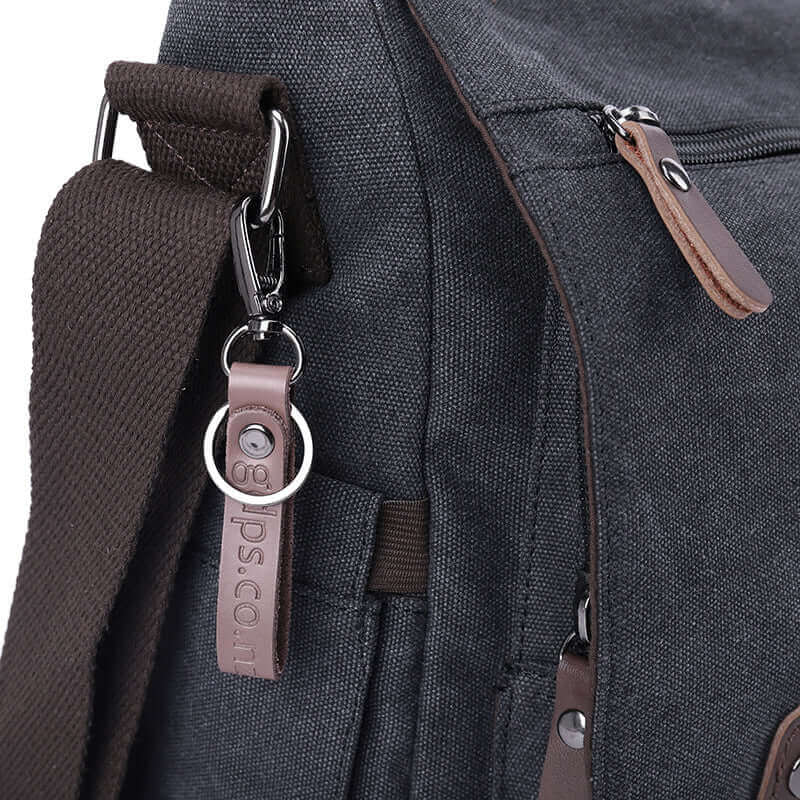 Partial details of the canvas laptop messenger bag.