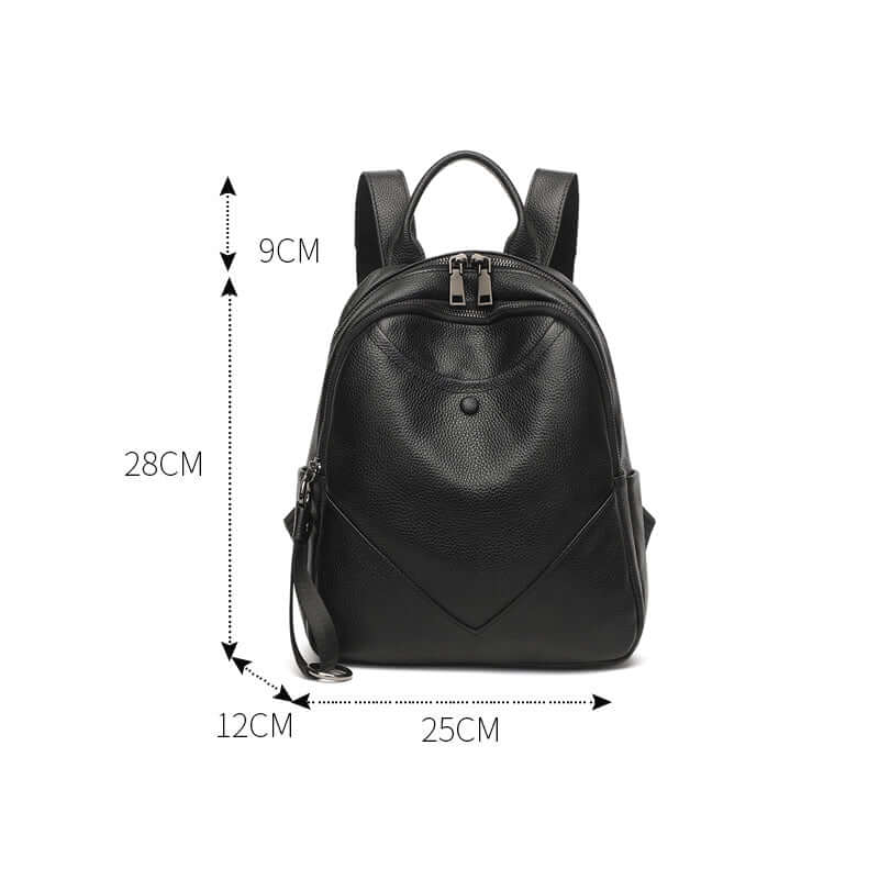 Black leather backpack with measurement details