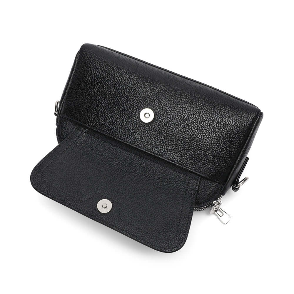 Open view of the black leather handbag.