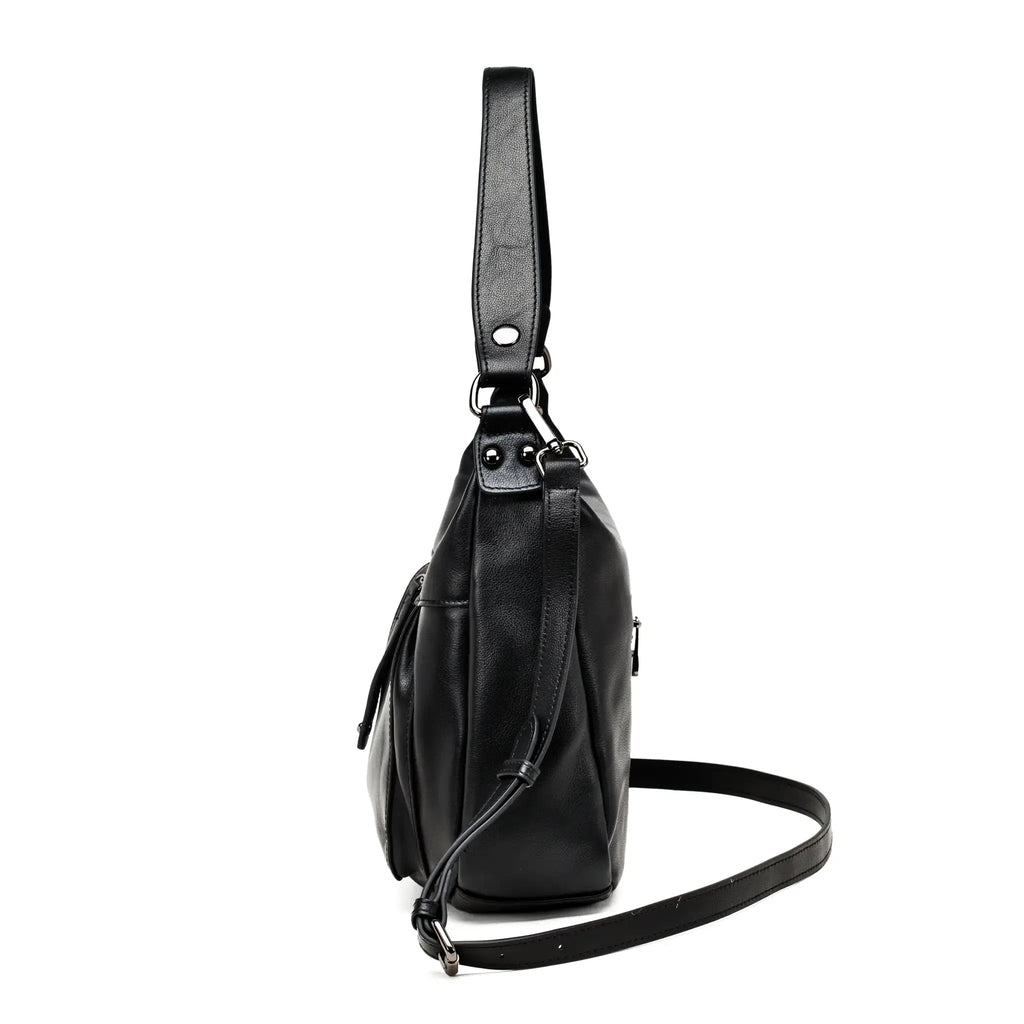 Side angle showing soft black leather and zipper details