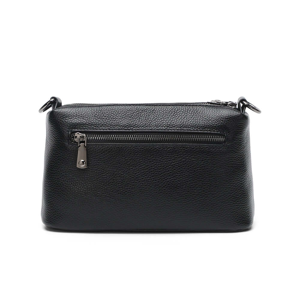 Back view of the black leather crossbody bag.