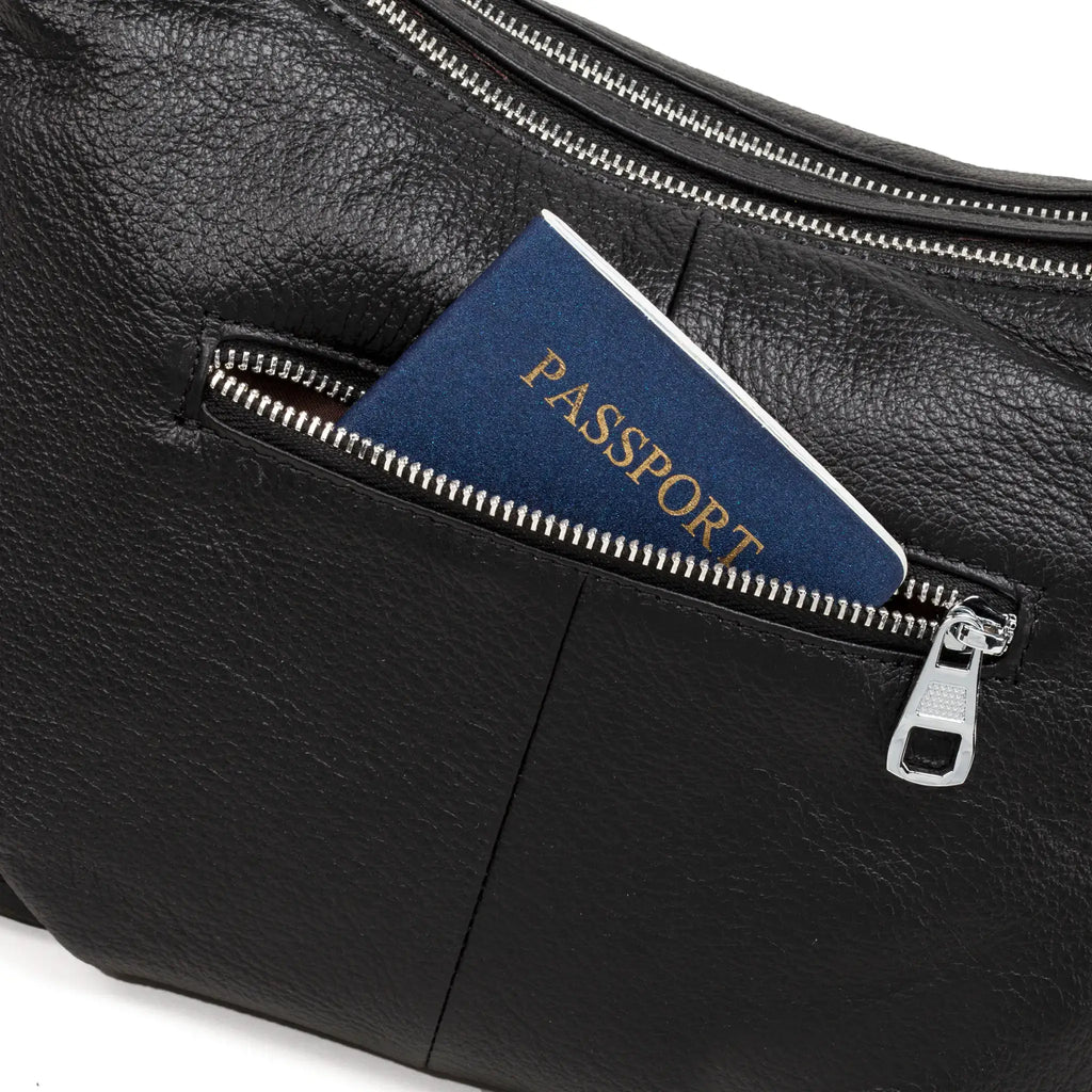  Close-up of black leather crossbody bag