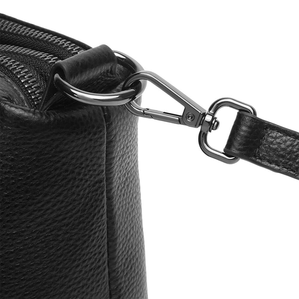 Hardware details and zipper quality.