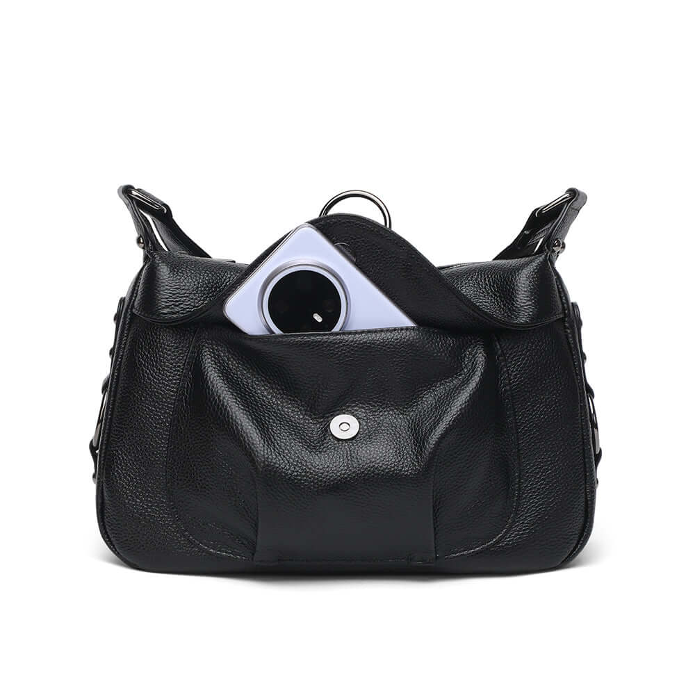 Leather crossbody bag front compartment display