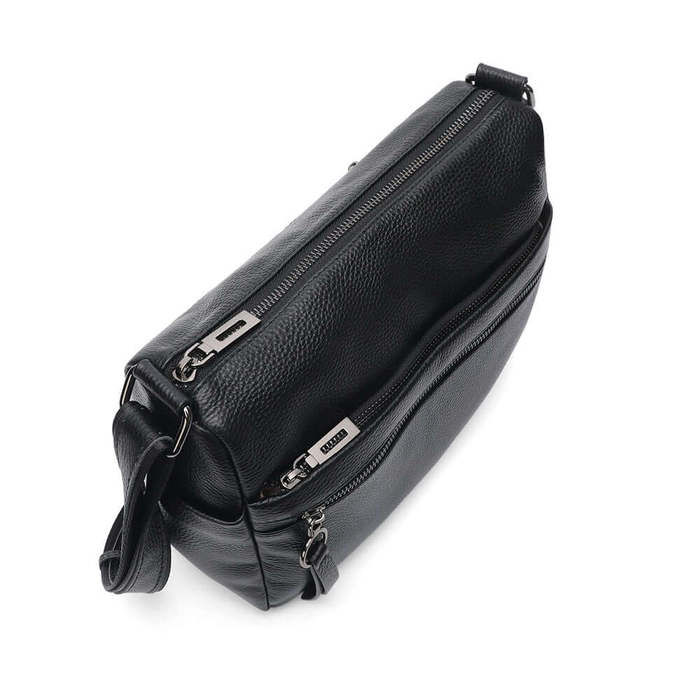 Black leather crossbody bag with multiple zippers