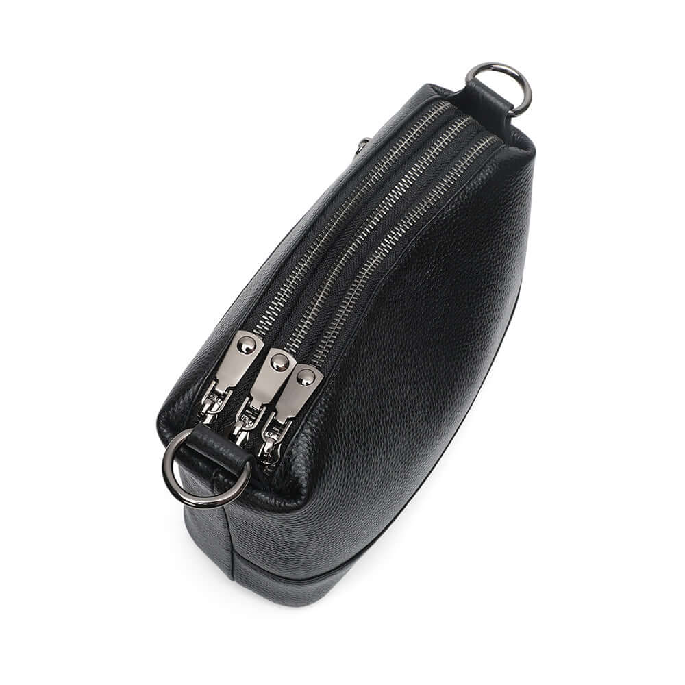 Top view showing triple zipper compartments.