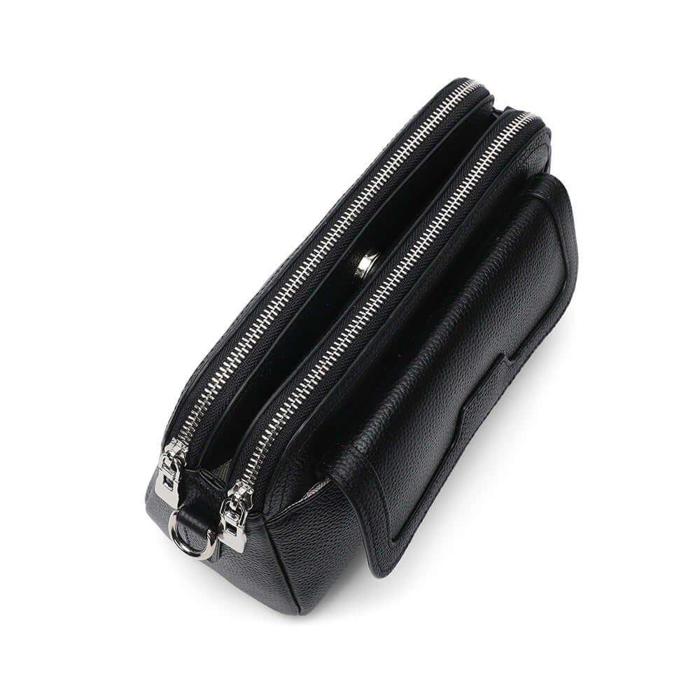 Top view of the black leather bag.