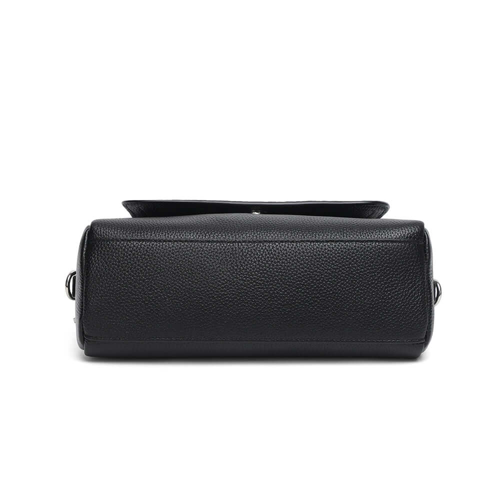 Bottom view of the black leather bag.