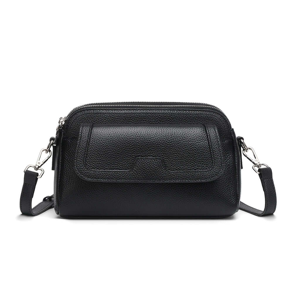 Black leather crossbody bag front view for women.