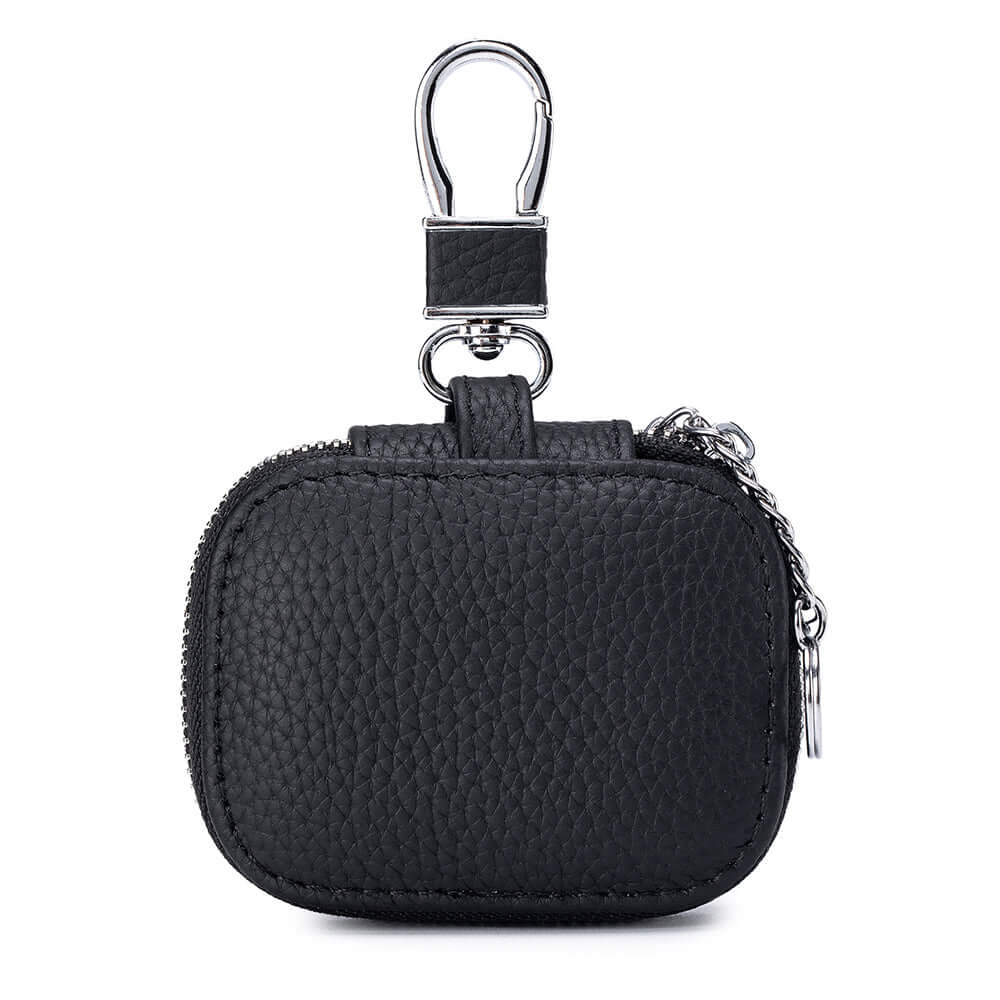 Back view of the black leather earbud case.