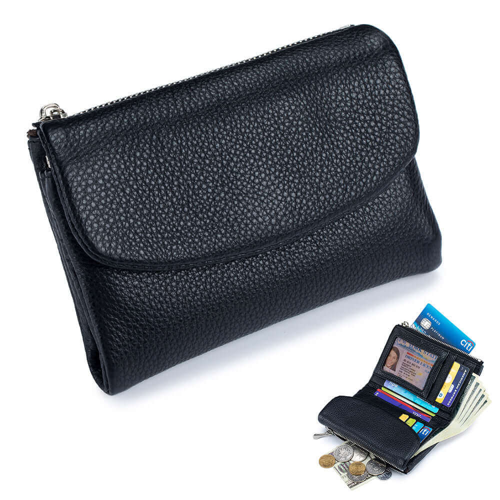 Black leather envelope wallet closed, displaying its sleek exterior.