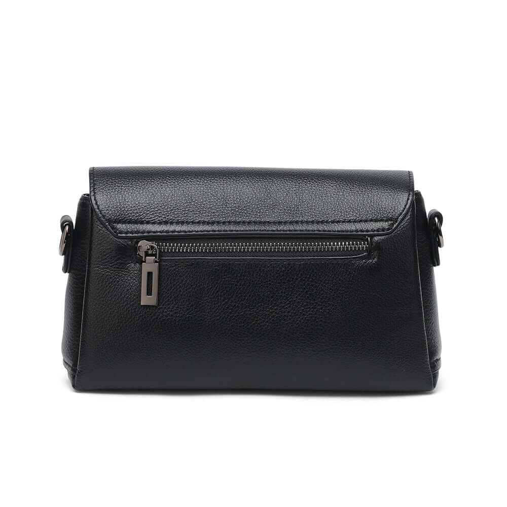 Back view of black leather shoulder bag with smooth leather finish