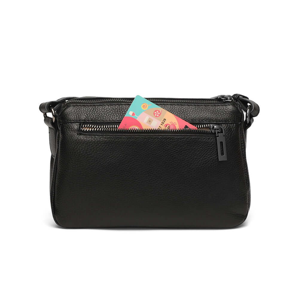 Back view zipper pocket of the black leather handbag