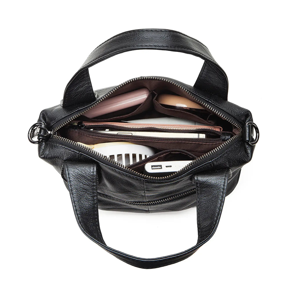 Black leather handbag with interior compartments