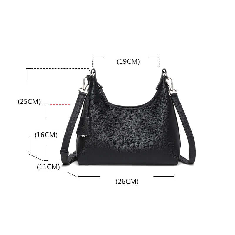 Black leather handbag with measurements